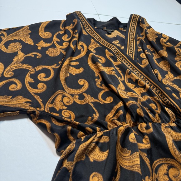 Guess Kimono Blouse Womens Medium Black Gold Baroque Floral Elastic Waist Top - Picture 2 of 5